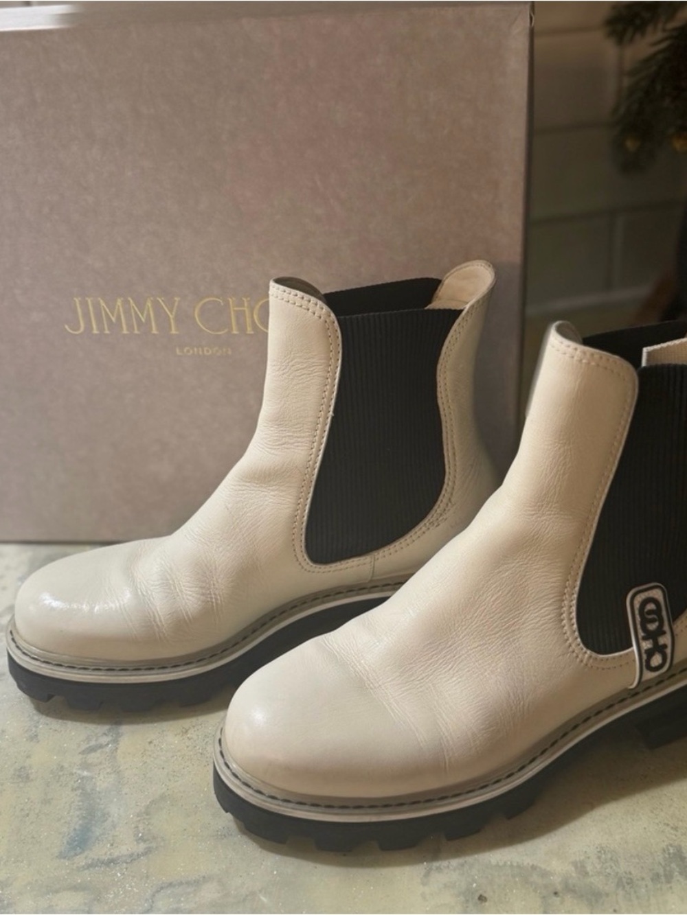 Jimmy Choo Cream Leather Chelsea Boots with Black Elastic Panels